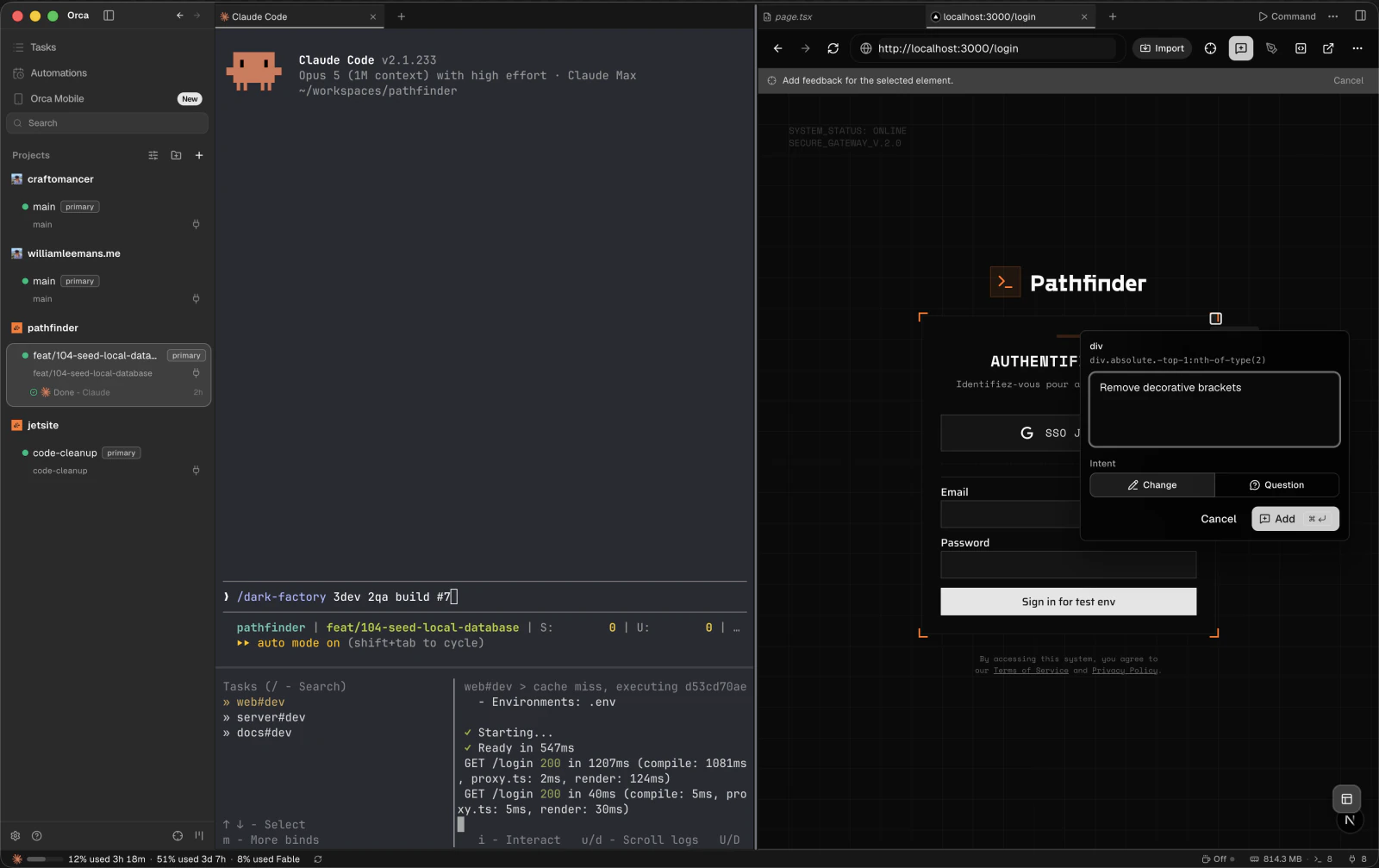 Orca en Design Mode : un élément sélectionné dans la fenêtre Chromium, avec l'instruction « Remove decorative brackets » prête à partir vers l'agent