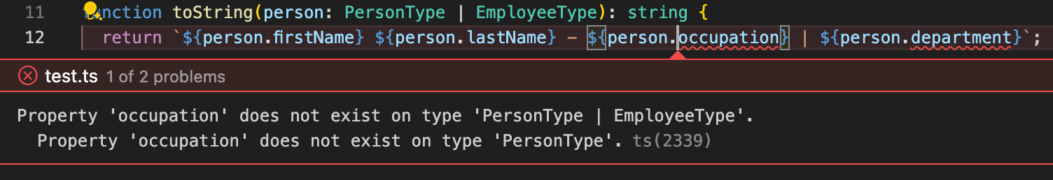 Erreur TypeScript : Property 'occupation' does not exist on type 'PersonType | EmployeeType'